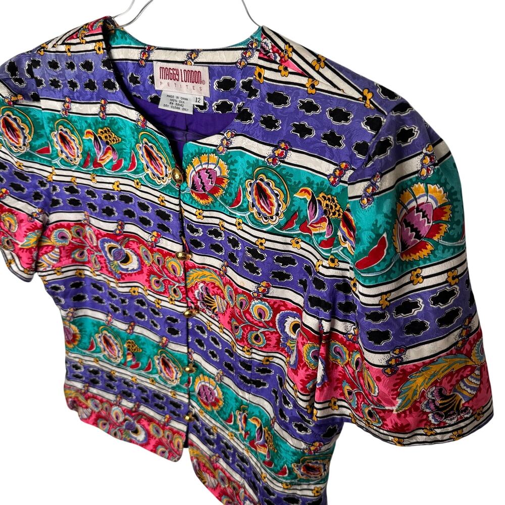 1990s Maggie London 100% Silk Cropped Paisley Jacket Blazer Puff Short Sleeve MP